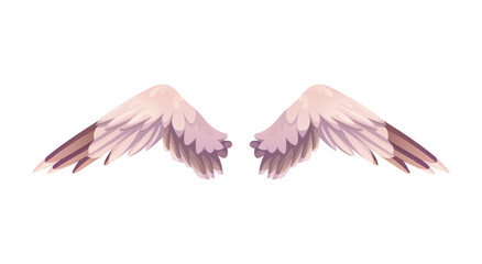 Beautiful wing concept. Colorful sticker with cute white swan, falcon or heavenly angel wings. Pair of wings with light feathers. Cartoon realistic vector illustration isolated on white background