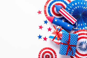 4th of July American Independence Day. Happy Independence Day. Red, blue and white star confetti,...