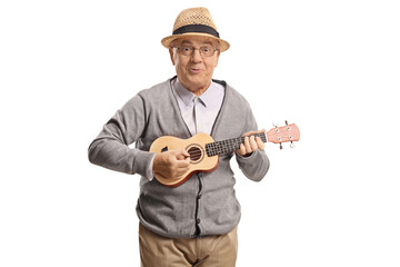 Funny senior man playing ukulele