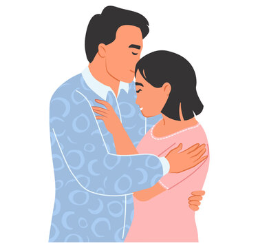 Vector loving couple hugging, reconciliation illustration. Man and woman embracing each other standing together isolated on white background