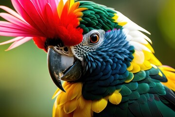 Fototapeta premium Australian Cockatoo Inca parrot in the treetops in a tropical rainforest, bright flowers and leaves, exotic plants, vines. Wildlife concept of ecological environment. Generative AI