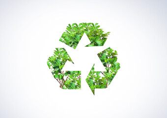 Ecosystem Restoration, environment day concept 2023 tree background. Recycle icon paper cut banner with green forest. Eco-friendly recycling symbol, Ecology project concept.