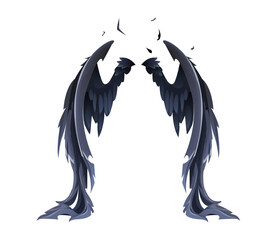 Naklejka premium Beautiful wing concept. Sticker with dark demon, devil or crow wings with black feathers. Pair of bird wings or magical character. Cartoon realistic vector illustration isolated on white background