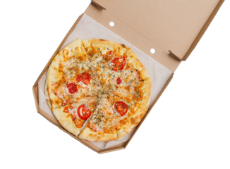 Margarita pizza in an open box on a transparent background