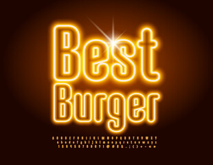 Vector advertising banner Best Burger with electric Yellow Font. Glowing set of Neon Alphabet Letters, Numbers and Symbols