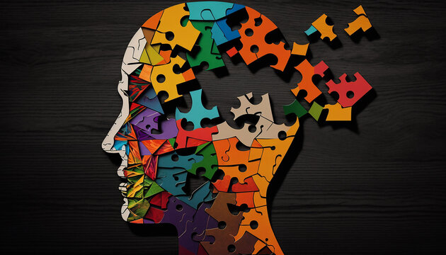 Human head profile and jigsaw puzzle, cognitive psychology or psychotherapy concept, mental health, brain problem, personality disorder, vector line design,  Created using generative AI tools.