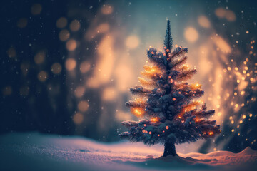 Naklejka premium Generative AI illustration of cute little Christmas tree with warm vibrant fairy lights and seasonal bokeh lights in background