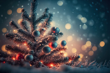 Generative AI illustration of cute little Christmas tree with warm vibrant fairy lights and seasonal bokeh lights in background