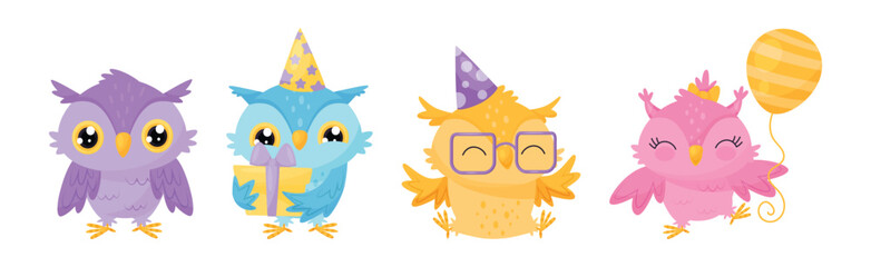 Funny Owl with Toy Balloon and Festive Gift Box Vector Set