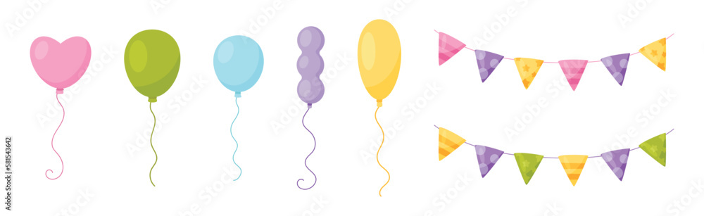 Poster balloons with string and garland as holiday symbols vector set