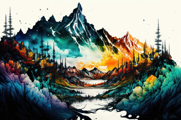 Fototapeta na wymiar Generative AI illustration of unique abstract fantasy landscape scene using cel shading and alcohol ink