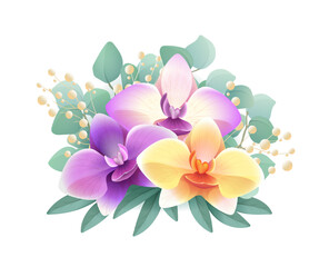 Obraz premium Watercolor wedding bouquet. Beautiful flower arrangement with purple lilies and green leaves. Blooming decorative plants. Rustic organic element. Cartoon flat vector illustration isolated on white