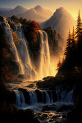 Generative AI illustration of stunning landscape waterfall and mountains scene during golden hour with light streaming through to the river below