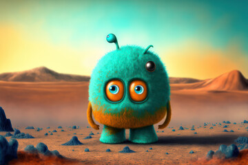 Generative AI illustration of cute adorable little alien abandoned on lonely planet with desert landscape