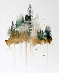 Generative AI illustration of beautiful abstract watercolour painting landscape image of pine trees with paint drips style