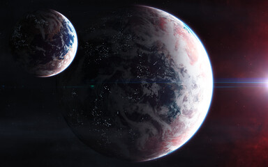 Inhabited deep space planets. Science fiction. Elements of this image furnished by NASA