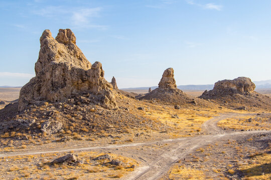 Trona Pinnacles in the Mojave Desert of California. An unusual landscape in the desert consisting of more than 500 tufa spires. 