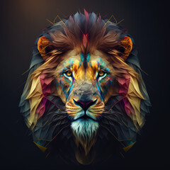 Generative AI illustration of polygonal phantasmal irridescent portrait of strong male lion on black background
