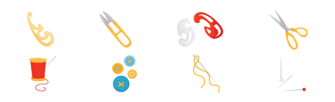 Sewing and Tailoring Accessories with Thread Bobbin, Button, Curve, Scissors and Pins Vector Set