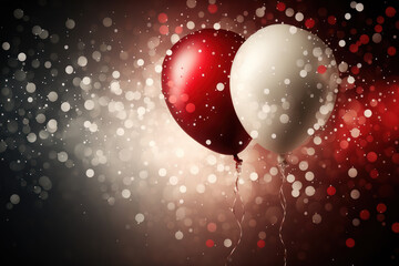 Generative AI illustration of festive Christmas and vibrant red and white celebration balloons surrounded with glitter and bokeh lights background - 581545021