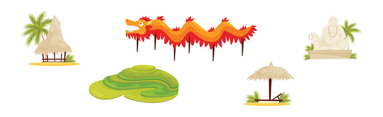 Vietnam Country Attribute with Rice Paddy, Dragon, Beach Hut and Buddha Statue Vector Set
