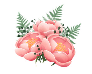 Watercolor wedding bouquet. Beautiful buds of pink peonies or dusty roses with green leaf branches. Floristry and botany for engagement. Cartoon flat vector illustration isolated on white background