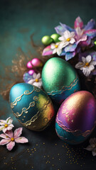 Fototapeta na wymiar Happy Easter day, easter composition with decorated easter eggs and decorative nest, inscription, rabbit, bunny, fluffy, holiday, happy family