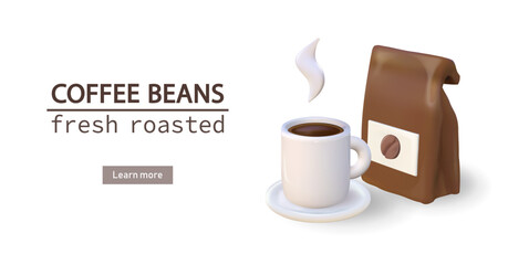 3d packaging, a bag of coffee beans with a ceramic white cup of coffee on a plate. Isolated realistic advertising banner of fresh roasting and espresso preparation.