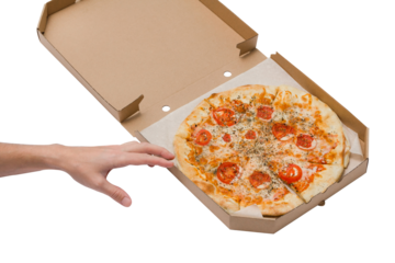 Male hand reaches for Margarita's pizza in an open box on a transparent background side view