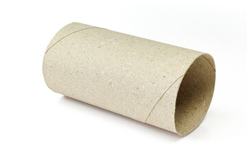 Empty carboard cylinder shaped toilet paper core isolated on white background