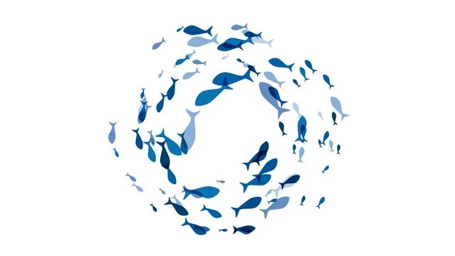 Animated illustration of swirl of blue fishes underwater