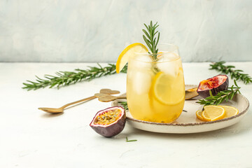 passionfruit margarita cocktail, a drink splash in a light sunny background, Tropical drink for...