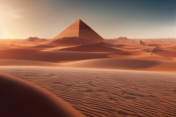 Fototapeta na wymiar A desert scene with pyramids and sand dunes in the foreground and a sunbeam in the background cinematic matte painting a detailed matte painting afrofuturism. Generative AI