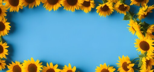 Sunflowers on blue background, Generative AI