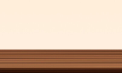 Dark wooden floor planks, perspective view, white wall background. Horizontal line pattern oak parquet. Product presentation podium. Empty timber bar counter. Isolated table top mockup