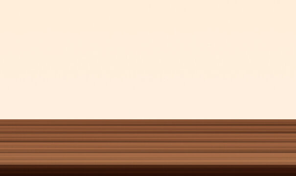 Dark wooden floor planks, perspective view, white wall background. Horizontal line pattern oak parquet. Product presentation podium. Empty timber bar counter. Isolated table top mockup