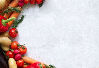 Fototapeta na wymiar Fresh vegetables arranged on a light textured background copy space
