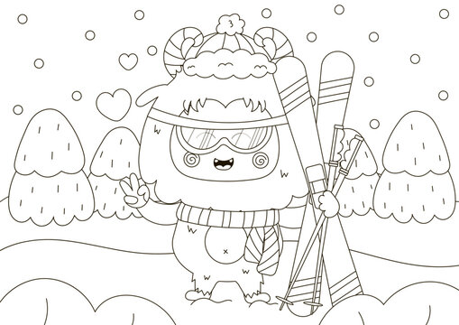 Funny coloring page with cute Yeti character skiing, winter holidays sport activity, winter themed printable activity for kids,black and white doodle for children