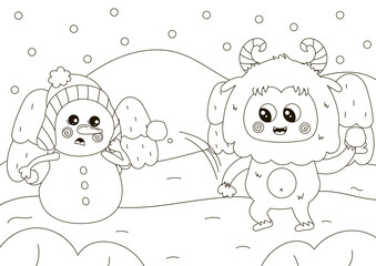 Funny coloring page with cute Yeti character and snowman playing snowballs fight, winter themed printable activity for kids,black and white doodle for children