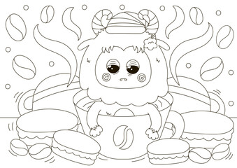 Funny coloring page with cute Yeti character in cup of coffee with macaroons around, sweets themed printable activity for kids,black and white doodle for children