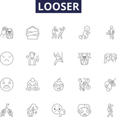Looser line vector icons and signs. Unsuccessful, Weak, Beaten, Losing, Worst, , Inferior, Tolerant outline vector illustration set - obrazy, fototapety, plakaty