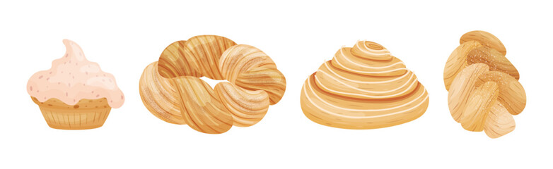 Buns as Sweet Wheat Pastry or Confectionery Made from Flour and Yeast Vector Set