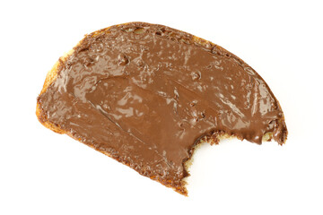 Bitten bread slice with chocolate cream spread on top isolated on white background