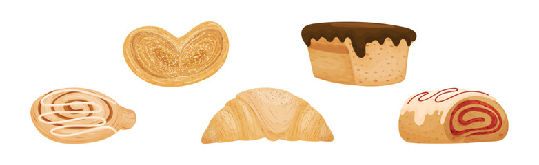Buns as Sweet Wheat Pastry or Confectionery Made from Flour and Yeast Vector Set