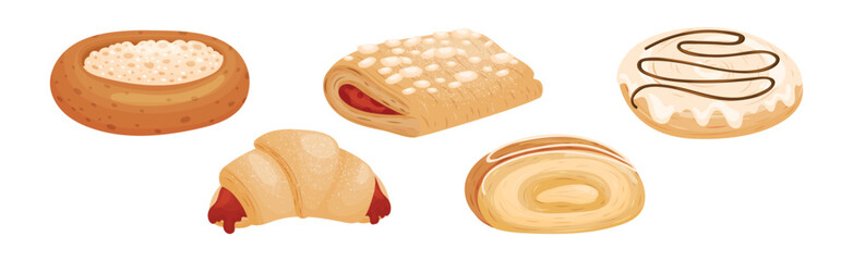 Buns as Sweet Wheat Pastry or Confectionery Made from Flour and Yeast Vector Set