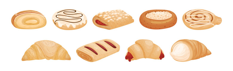 Buns as Sweet Wheat Pastry or Confectionery Made from Flour and Yeast Vector Set