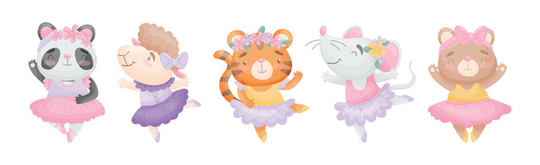 Animals Ballet Dancer in Tutu Skirt and Pointe Shoes Vector Set