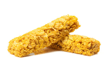 Two sticks of cereal cornflake bars isolated on white background