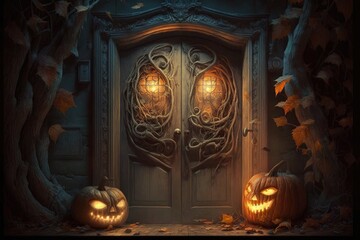 The front door to the house is decorated, preparing for Halloween, there are pumpkins on the stairs near the door, Generative AI.