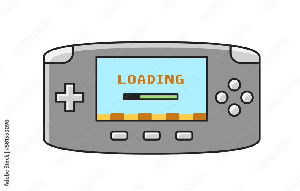 Poster game item icon. retro sticker with arcade console or handheld controller with buttons and screen for